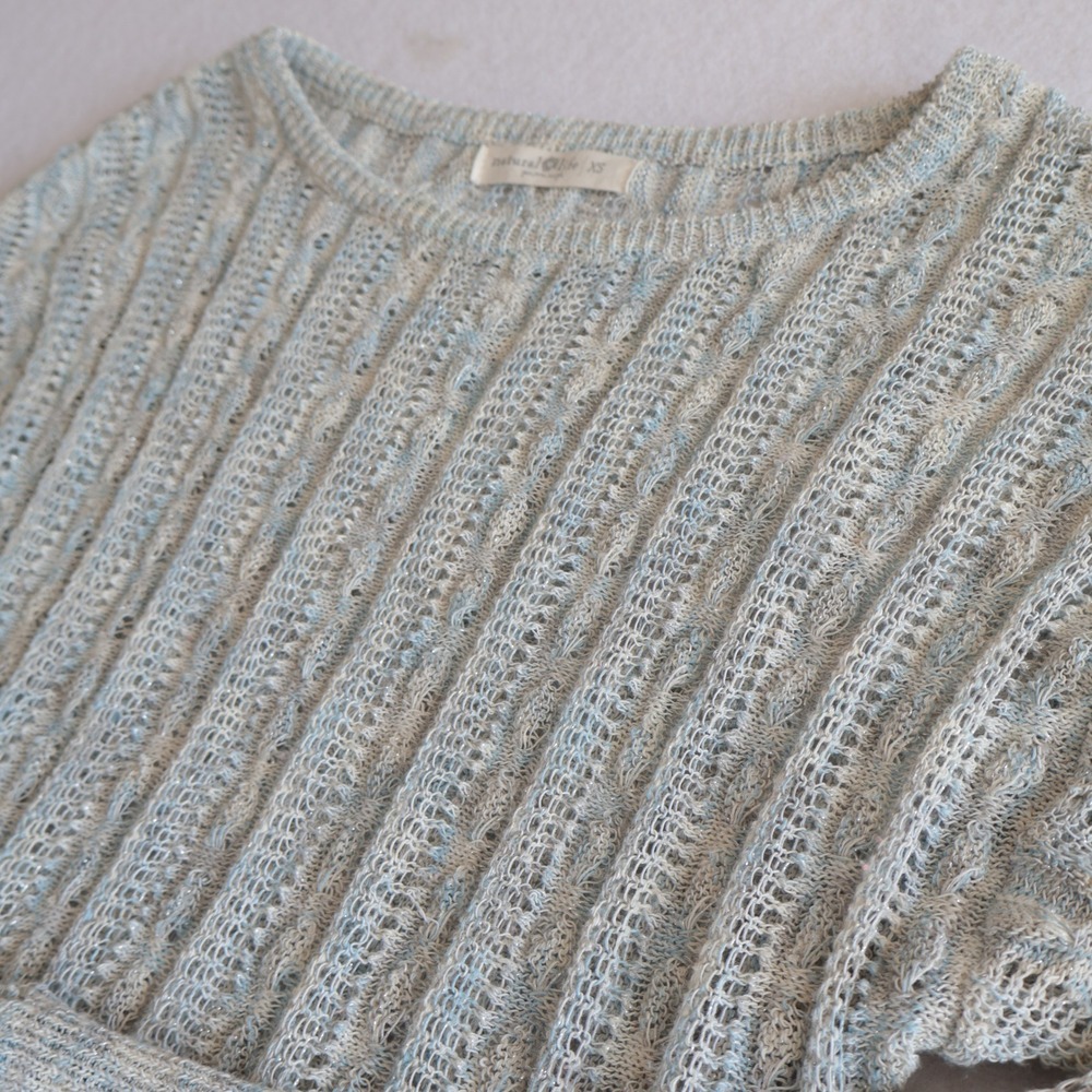 Natural Life Womens XS Blue White Metallic Open Knit Cable Sweater Shimmer